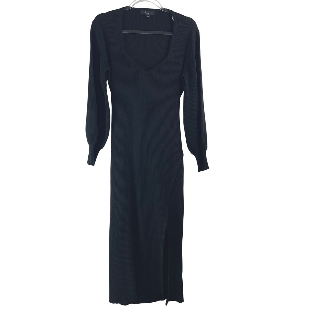 Lulus Black Ribbed Knit Midi Dress Long Balloon Sleeve‎ Back Cutout Slit Large
